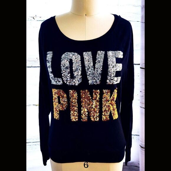 PINK Victoria Secrets black long sleeves with sequins shirt top - Picture 1 of 3